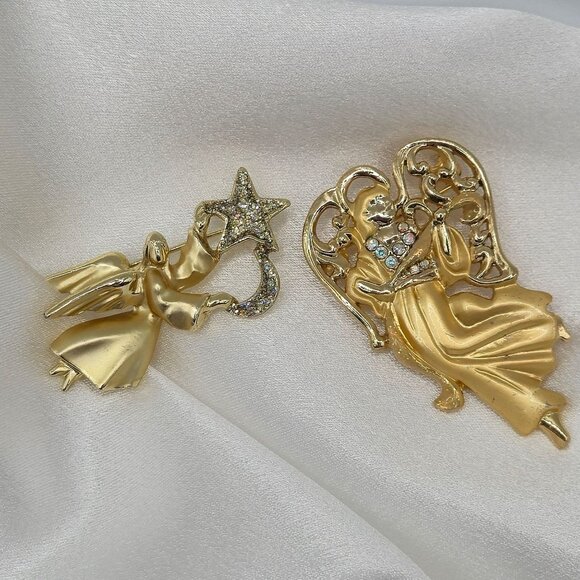 Festive Joy Holiday Gold Tone Angels Religious Faith Christian Brooch Pins 2PC - Picture 3 of 15